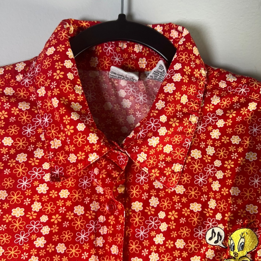 Looney Tunes Womens Sz XL Tweety Bird Sleeveless Button Up Blouse Red Floral Y2K - Picture 5 of 11